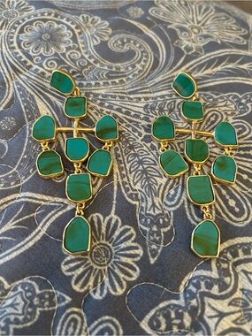 Anthropologie Gold-Tone Teal Green Multi-Stone Dangle Earrings